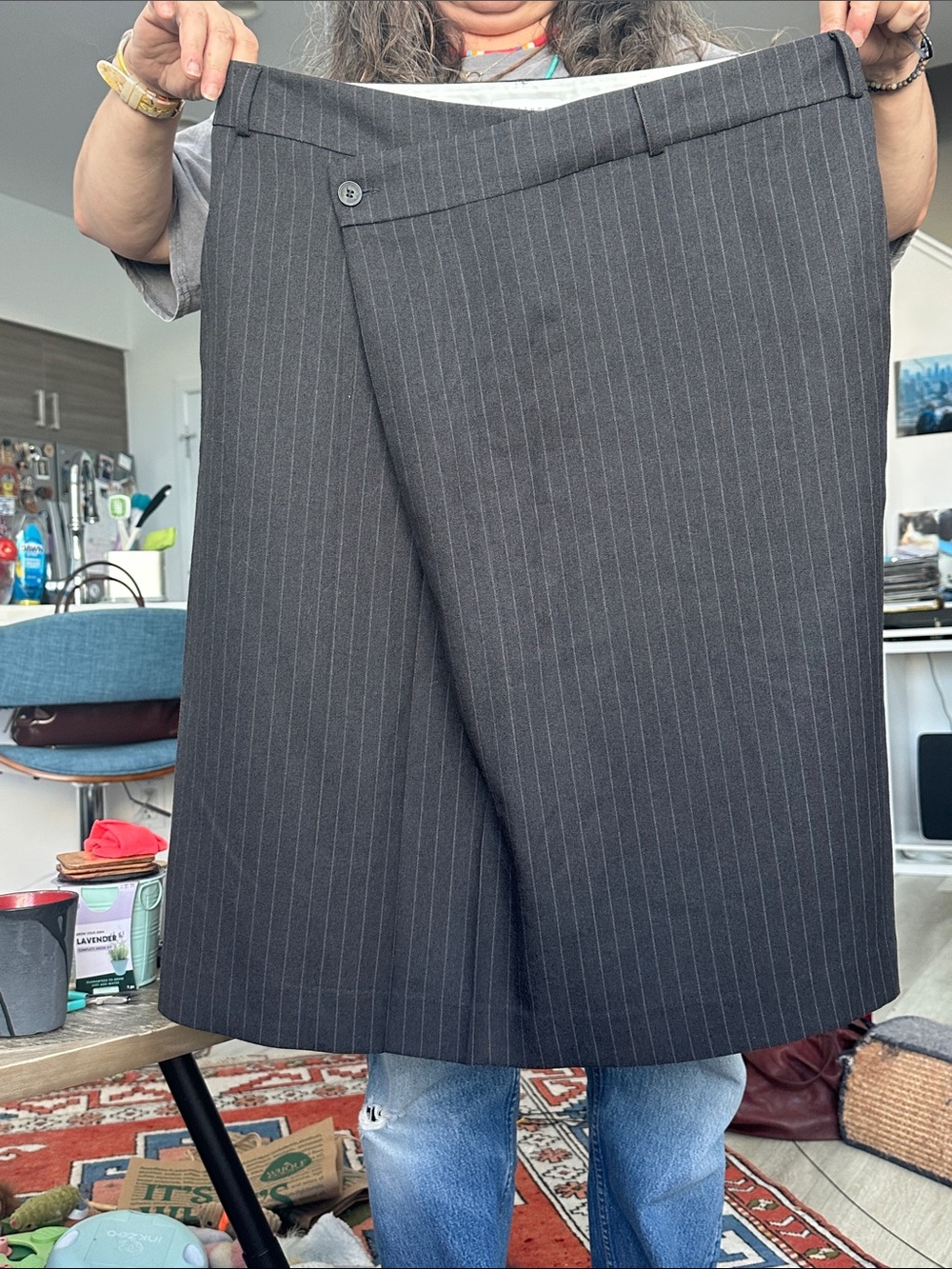Topshop Pinstripe Wrap Midi Skirt - Charcoal Gray